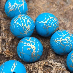 15 Teal Blue & Gold Scribble Vintage 1980's Acrylic Light Weight  Beads 18mm - Picture 1 of 3