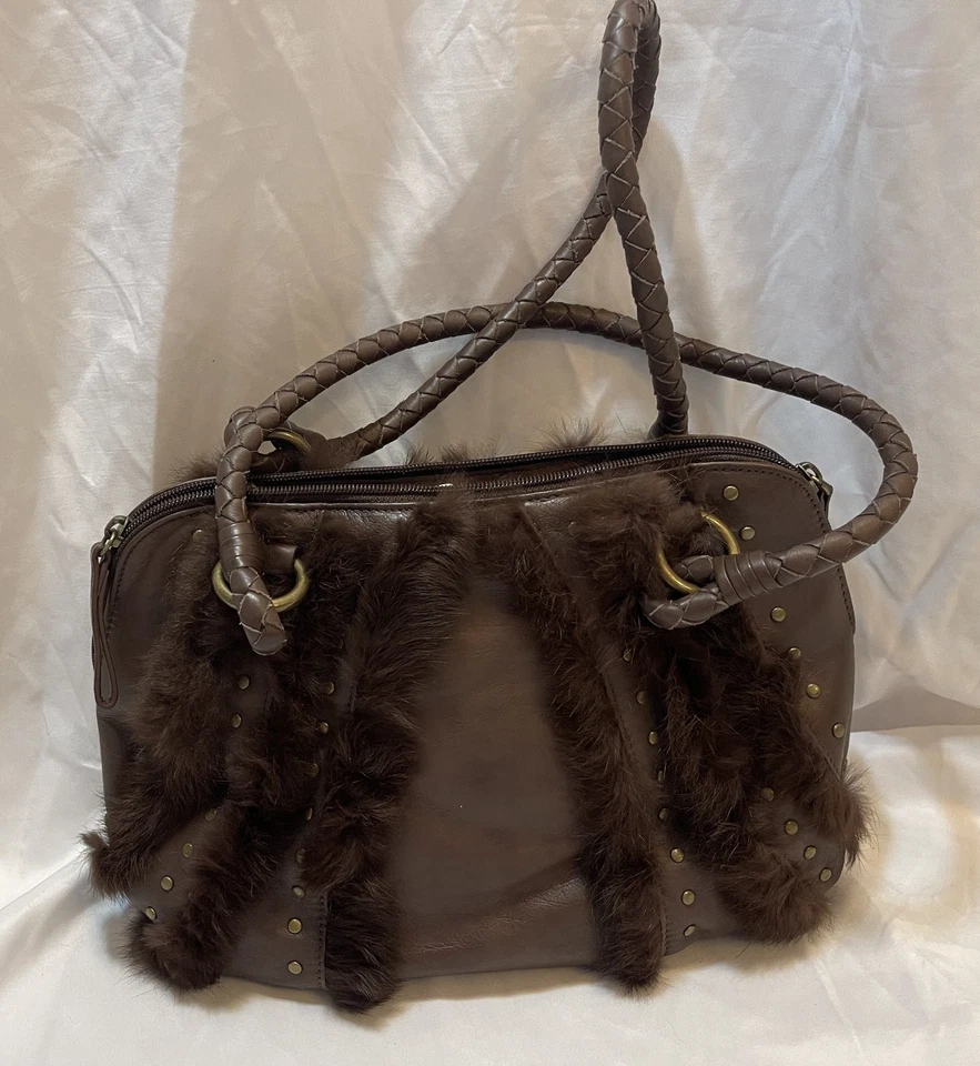 Vtg NEW, 80/90's Brown CAPACCIOLI Italian LEATHER Rabbit Fur, Brass Studs Hobo - Image 1 of 4
