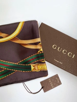 New Gucci Scarf with Gift Box Horsebit Equestrian Brown Beige Silk Wrap - Image 1 of 4