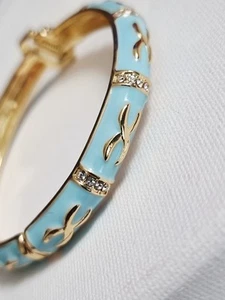 Bangle Enamelled Turquoise Clamper Austrian Crystals Hinged Prom Occasion Gift - Picture 1 of 8