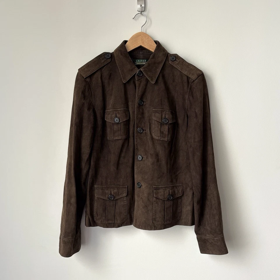 Ralph Lauren 100% замша куртка женщин большой темно шоколадный коричневый военный - Изображение 1 из 4