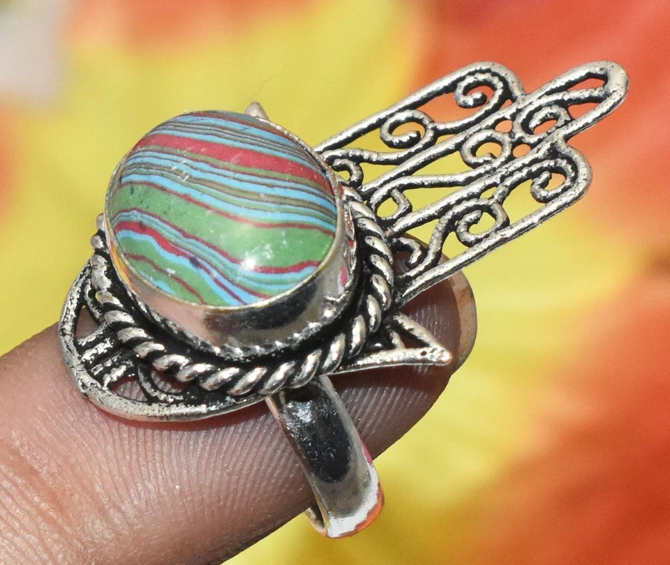 Rainbow Calsilica Gemstone Hamsa Hand Style Ring Us Size 5.5" U329-B120 - Image 1 of 1