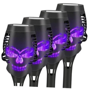 4Pack Halloween Solar Pathway Lights, Spooky Skulls Solar Torch Flame Purple - Picture 1 of 14
