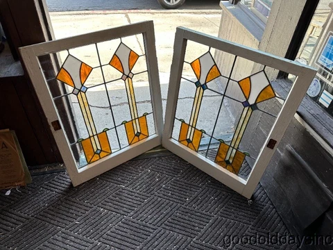 Pair of Antique Art Deco Stained Leaded Glass Windows Circa 1930 From Chicago Cover