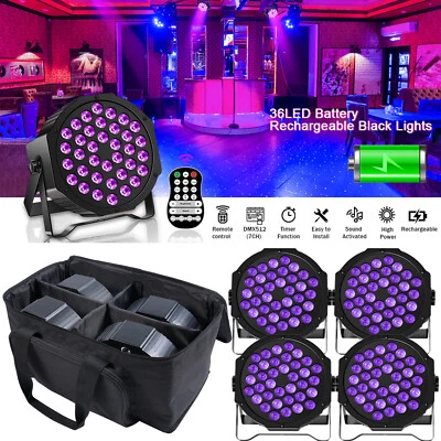 4pcs 36 LED Rechargeable UV PAR Stage Lighting DMX Party Disco DJ Lights & Bag - Image 1 of 4