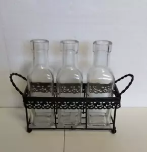 Beautiful Black Metal Caddy With 3 Glass Bottles - Picture 1 of 2