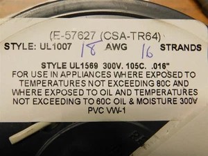 250ft UL1569 / UL1007 18AWG 16Strand 300V 105°C .016" PVC Hookup Wire White/Blue - Picture 1 of 3