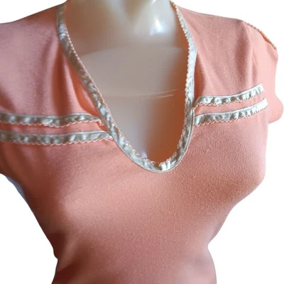 Vintage T-shirt Small 1980's Peach Blouse Disco Women's Satin Trimmed V-Neck  - Image 1 of 4