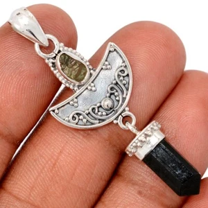 Southwest - Natural Moldavite & Black Tourmaline 925 Silver Pendants CP72846 - Picture 1 of 1