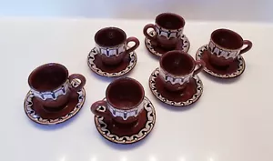 Vintage Tea Cups Bulgarian Troyan Drip Pottery Glazed Terra Cotta Set of 6 - Picture 1 of 12
