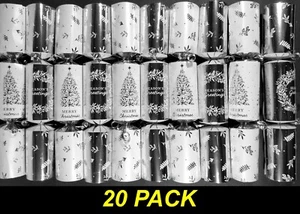 20 x Premium Christmas Crackers Bon Bons 30cm Silver & White with Snap Toy & Hat - Picture 1 of 4