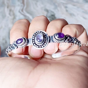 Amethyst & Amethyst Cut Gemstone 925 Sterling Silver Bangle Cuff For Women Gift - Picture 1 of 10