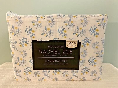 Rachel Zoe KING SIZE 4 Pc Sheet Set Shabby Cottage Chic Blue Yellow Cotton NEW - Image 1 of 4