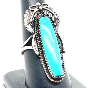 RB• Running Bear Navajo Sterling Long Turquoise Stone Ring ~ Size 8 ~ - Picture 1 of 5