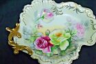 Antique Dresden Hand Ainted Roses W Gold Tray 10 Inches Circa 1920