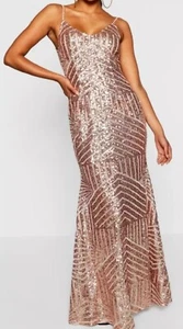 BOOHOO SEQUIN EMBELLISHED DRESS SIZE 8 NEW WITH TAGS STRAPPY MAXI ROSE GOLD - Picture 1 of 4