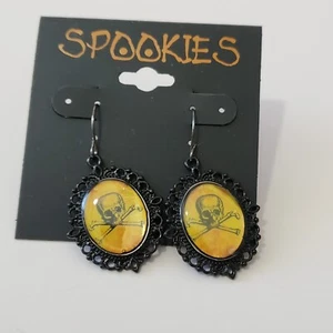 Spekies Totenkopf & Knochen Ohrringe schwarz oval Haken 1" viktorianischer Pirat Halloween NEU - Bild 1 von 4