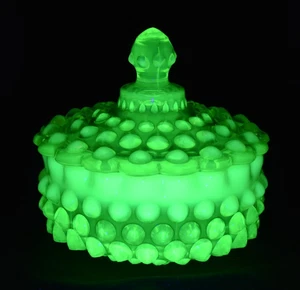Fenton Vaseline Glass Canary Yellow Hobnail Topaz Opalescent Covered Candy Dish - Picture 1 of 24