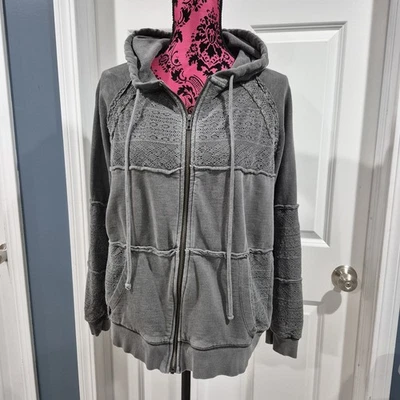 Lucky Brand Hoodie Womens Medium Gray Distressed Full Zip Lace Boho Grunge - Image 1 of 4