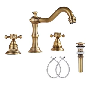 8" breite Badezimmer Waschbecken Wasserhahn 3 Loch 2 Griff mit Pop Up Ablauf Antik Messing - Bild 1 von 7