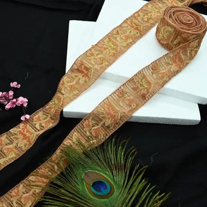 Indian Antique Vintage Real Chain Stitch Border Beige Hand Embroidered Trim 1yd - Picture 1 of 12