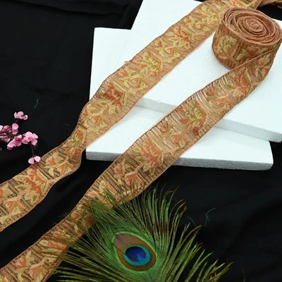 Indian Antique Vintage Real Chain Stitch Border Beige Hand Embroidered Trim 1yd - Image 1 of 4