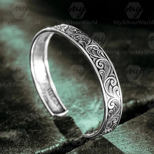 925 Sterling Silver Handmade Engraved Men's Cuff Bracelet Adjustable - Picture 1 of 3
