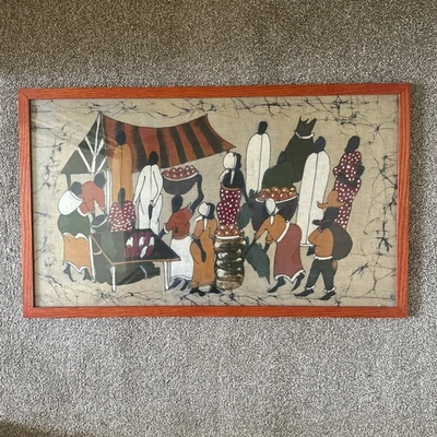 Vintage Framed Batik Cloth Art African Lifestlye Scene Folk Art MARKET - Image 1 of 4