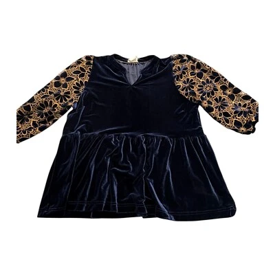 Top VELVET SKY Umgee Floral Contraste Dorado Encaje Mangas Azul Marino Terciopelo Med Foto 1 de 4