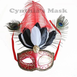 Red/Gold Venetian Masquerade Mask w/Peacock Ostrich Feathers Party Halloween - Picture 1 of 2