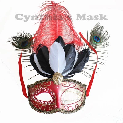 Red/Gold Venetian Masquerade Mask w/Peacock Ostrich Feathers Party Halloween - Image 1 of 2