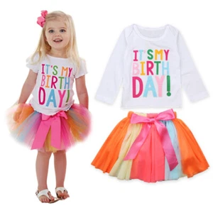 Kids Girls Outfit Set It's My Birthday T-Shirt Rainbow Tutu Skirt Party Dress Up - Picture 1 of 14