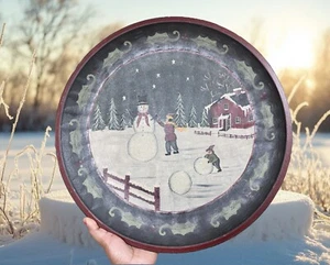 16.5” wooden Christmas Plate snowman dad & son Hand Painted Wall Mount Rustic - Picture 1 of 9