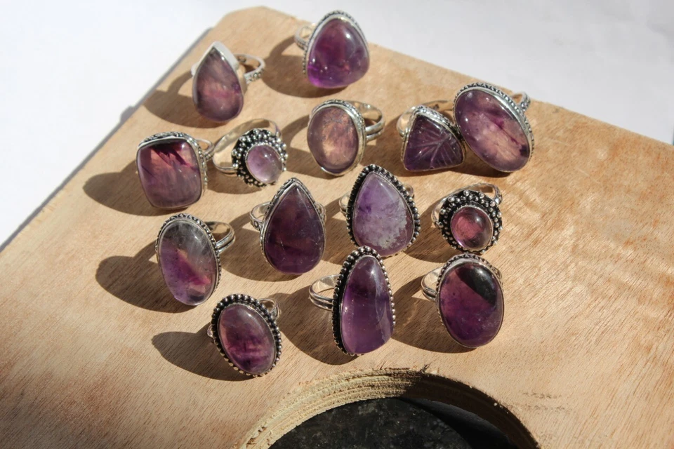 Natural Amethyst Gemstone 925 Sterling Silver Plated Wholesale Fancy Lot Rings - Imagem 1 de 1