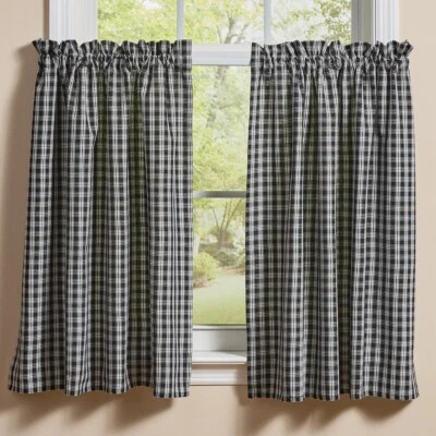 1 par de niveles de café Stafford negro crema a cuadros casa de campo sin forro 72" x 36" Foto 1 de 2