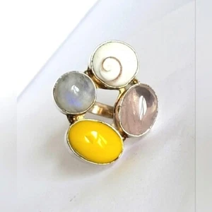 Vintage Boho Shiva Eye Banana Amber Pink Quartz Moonstone Sterling Silver Ring - Picture 1 of 13