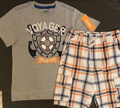NWT Boys 8 Gymboree “SEAS THE DAY” Cotton Gray/Blue/Org CARGO SHORTS+TOP 2pc Set - Image 1 of 4