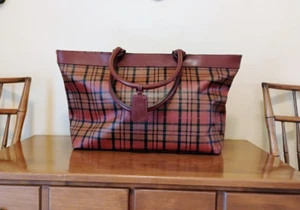 vintage ESTEE LAUDER PLAID 70's leather/ Faux ? BAG large handbag TOTE plaid - Picture 1 of 14