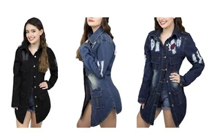 Chaqueta de mezclilla SKYLINEWEARS informal para mujer novio angustiado manga larga rasgada - Imagen 1 de 13