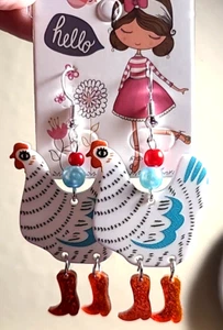 NEW HANDMADE "CHICKEN EARRINGS" RED BLUE WHITE WITH SWINGING COWBOY BOOTS - Picture 1 of 5