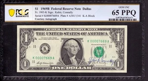 1969 B $1 FRN DALLAS LOW SERIAL JOHN CONNALLY COURTESY AUTO PCGS 65 PPQ - Picture 1 of 3
