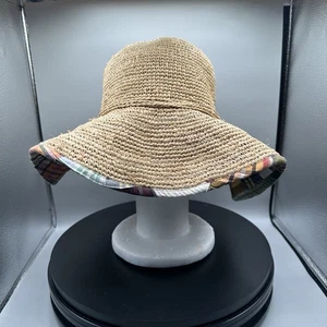 J. Crew Packable Straw Beach Hat Wide Brim Madras Plaid Lining One Size - Picture 1 of 5