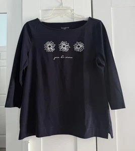 Talbots Petite Cotton Navy "Joie De Vivre" Floral Embroidered U-Boot Neck Top MP - Bild 1 von 3