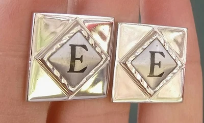 E"MonogramCufflinksShield's 5thAve.SilverToneVtg60sMCM SquareBorder — 第 1/4 张图片
