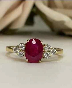 2.54 Ct Oval Cut Real Ruby & Diamond Engagement Ring 14K Solid Yellow Gold - Picture 1 of 11