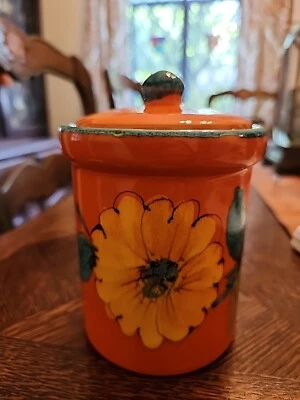 Vtg Orange Italian Pottery Small Hand Painted Ceramic Canister Jar w/ Lid Italy - Image 1 of 4