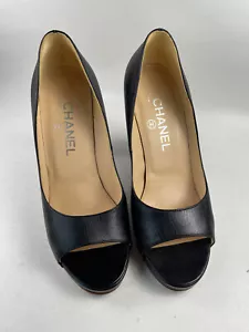 Chanel sz 36.5 black leather CC logo peep toe cork block heel chain detail pumps - Picture 1 of 16