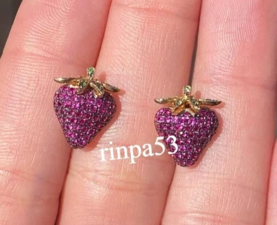 Pendiente con forma de fresa birmano Syn rosa rubí joyería real 925 SS Foto 1 de 4