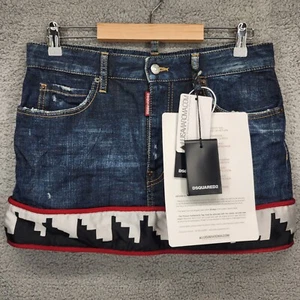 DSQUARED2 Womens Italian Size 46/US 10 Blue Denim AZTEC Trim Mini Jean Skirt NWT - Imagen 1 de 14