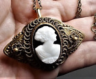 1 Victorian Black White Glass Cameo, Beauty w/ Flower in Hair, Bodice Necklace